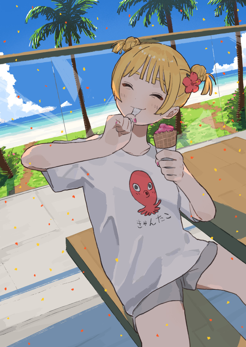 1girl absurdres artist_logo blonde_hair blush canty! closed_eyes coconut_tree commentary_request day eating facing_viewer flower food glass_wall grey_shorts hair_flower hair_ornament highres holding holding_food holding_ice_cream holding_spoon ice_cream ice_cream_cone original outdoors palm_tree red_flower shirt short_hair shorts sitting sky solo spoon t-shirt tree twintails utensil_in_mouth