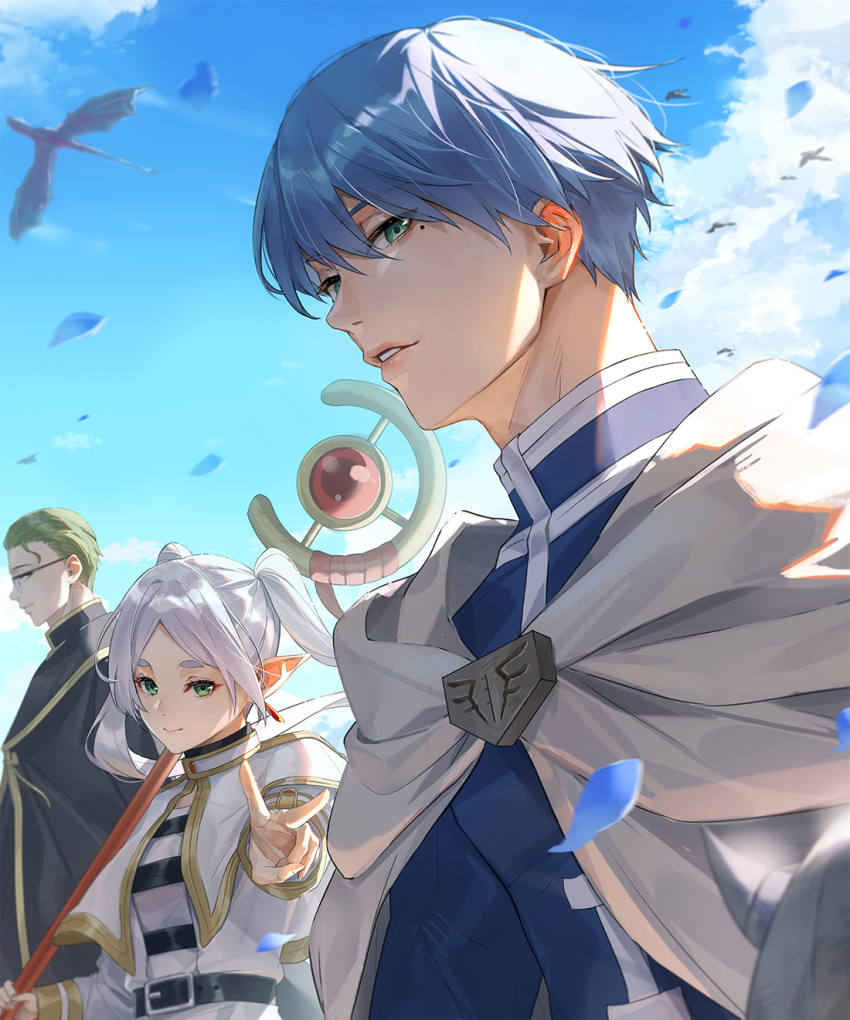 1girl 3boys belt black_belt black_coat blue_hair blue_sky blue_tunic cape capelet closed_mouth cloud coat commentary_request dragon eisen_(sousou_no_frieren) elf fake_horns falling_petals frieren glasses gold_trim green_eyes green_hair grey_hair hair_between_eyes hair_slicked_back heiter helmet highres himmel_(sousou_no_frieren) holding holding_staff horned_helmet horns long_hair long_sleeves looking_at_viewer mage_staff mole mole_under_eye multiple_boys out_of_frame outdoors outstretched_arm over_shoulder parted_bangs parted_lips petals pointy_ears profile shirt short_eyebrows short_hair sidelocks sky smile sousou_no_frieren staff striped striped_shirt teeth thick_eyebrows tight_(ohmygod) twintails upper_body v white_cape white_capelet