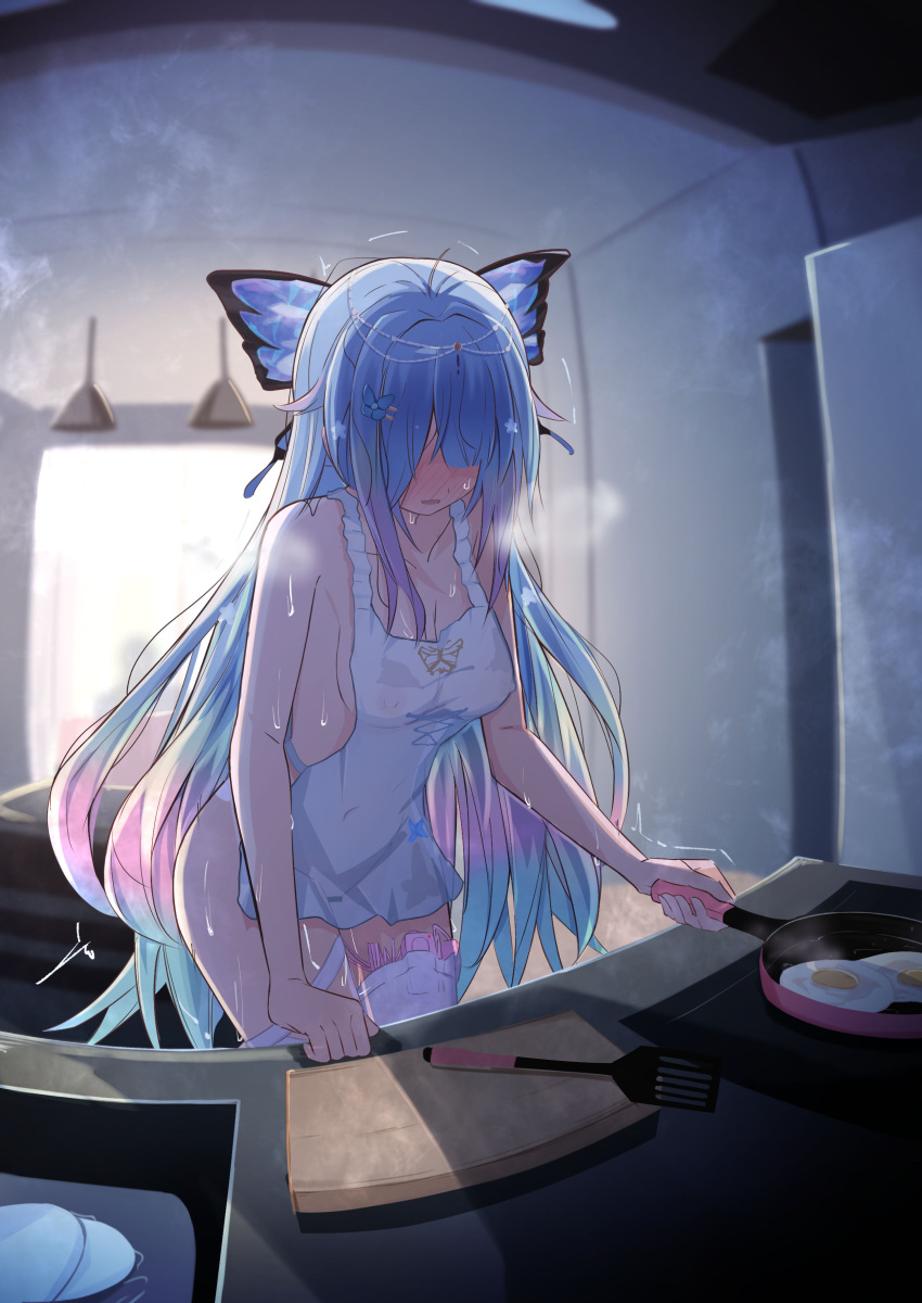 1girl absurdres ameki_(vtuber) apron asymmetrical_legwear backlighting bar_censor bare_shoulders blue_hair blush breasts breath butterfly_hair_ornament censored cleavage clenched_hand collarbone commentary_request commission controller cooking covered_eyes covered_nipples cowboy_shot cutting_board faceless faceless_female fisheye fried_egg frying_pan full-face_blush gradient_hair hair_ornament hair_over_eyes highres holding holding_frying_pan indoors kitchen leaning_forward long_hair medium_breasts multicolored_hair naked_apron nijisanji nipples open_mouth pink_hair remote_control remote_control_vibrator see-through see-through_apron sex_toy shiwashiseika sidelocks skeb_commission solo spatula standing star_(symbol) star_hair_ornament steam sweat thighhighs trembling very_long_hair vibrator vibrator_cord vibrator_under_clothes virtual_youtuber virtuareal white_thighhighs