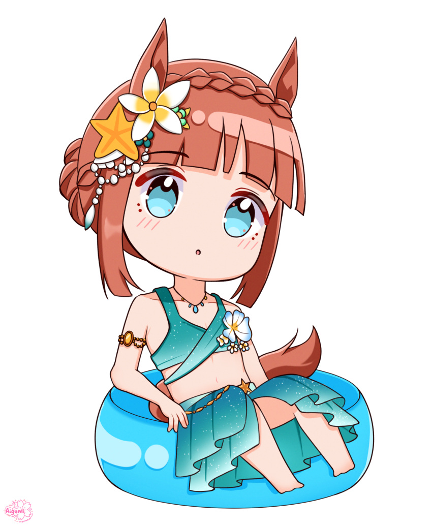 1girl absurdres animal_ears armlet blunt_bangs blunt_tresses braid braided_bun breasts brown_hair cleavage collarbone commentary crown_braid deformed ear_flower english_commentary flower flower_on_chest full_body green_eyes green_sarong hair_bun highres horse_ears horse_girl innertube jewelry long_hair lycheetako midriff mixed-language_commentary navel necklace official_alternate_costume official_alternate_hairstyle plumeria ribs sarong sidelocks silence_suzuka_(emerald_on_the_waves)_(umamusume) silence_suzuka_(umamusume) solo starfish_hair_ornament summer's_sunlight_fades_to_blue_(umamusume) umamusume white_flower