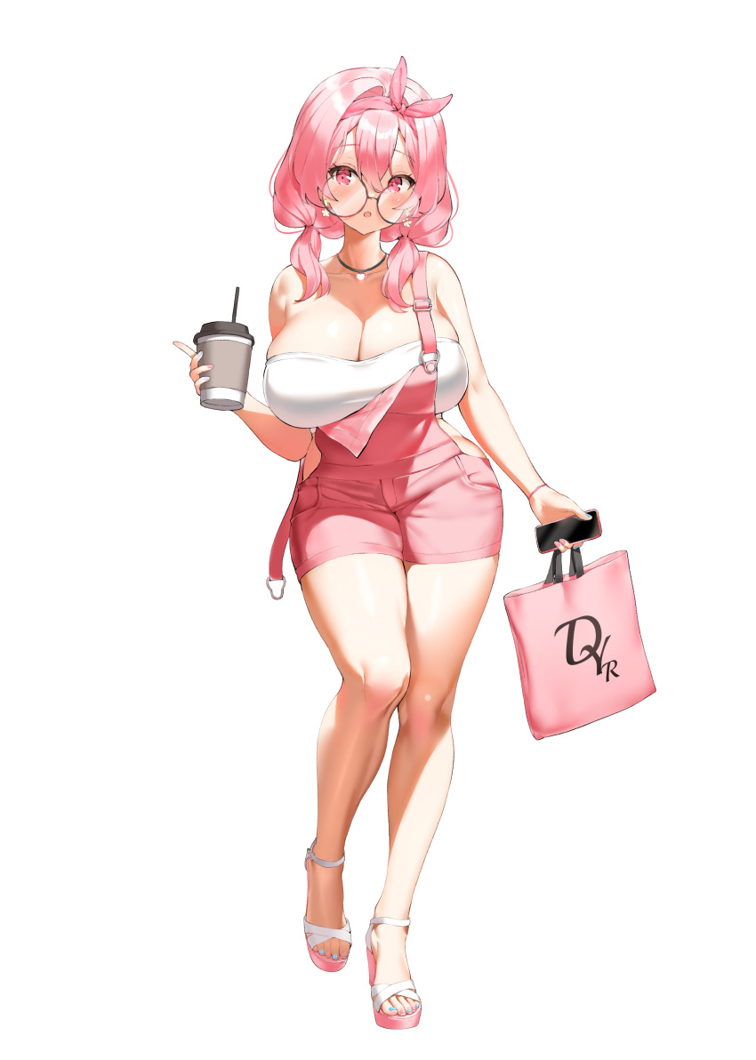 1girl :o absurdres bag bandeau blue_nails bow bow_hairband breasts cellphone cleavage commentary cup disposable_cup dot_nose earrings english_commentary feet fingernails flower_earrings full_body glasses hairband heart heart_necklace highres holding holding_bag holding_cup holding_phone jewelry keibeam large_breasts light_blush looking_at_viewer low_twintails medium_hair multicolored_nails nail_polish necklace original overalls parted_lips phone pink_bow pink_eyes pink_hair pink_hairband pink_nails pink_overalls round_eyewear sandals simple_background smartphone solo standing standing_on_one_leg tachi-e toenail_polish toenails toes twintails white_background white_bandeau