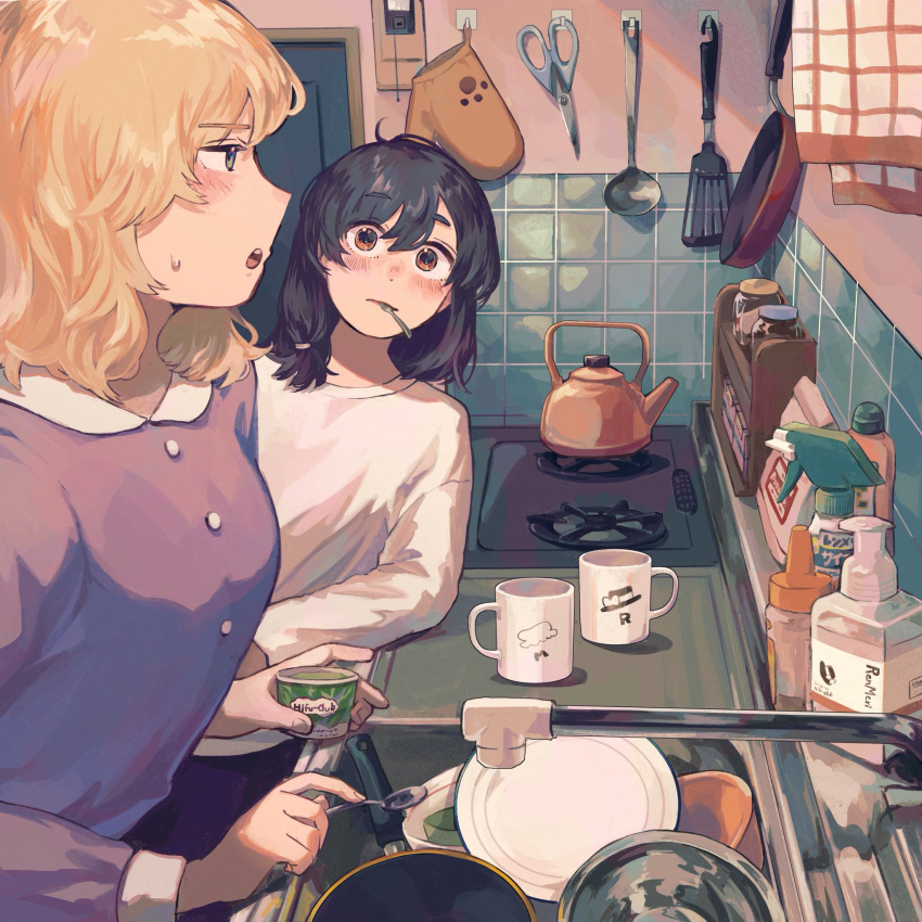 2girls black_hair blonde_hair bottle brown_eyes checkered_wall commentary_request cup door faucet frying_pan highres holding holding_spoon indoors jar kitchen long_hair long_sleeves looking_at_another maribel_hearn mug multiple_girls mushiao open_mouth oven_mitts plate profile purple_shirt scissors shirt sideways_mouth sink soap_dispenser spatula spoon stove sweatdrop teapot touhou towel upper_body usami_renko utensil_in_mouth white_shirt