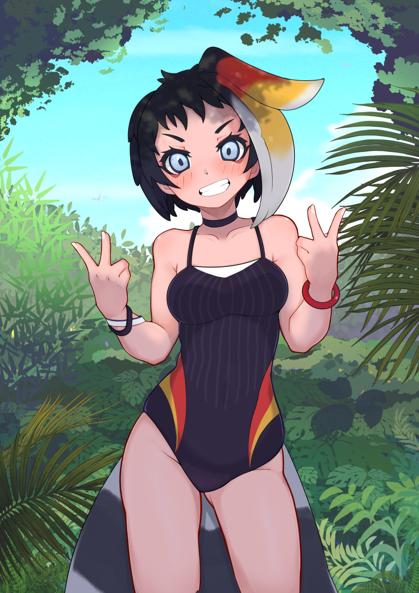 1girl absurdres alternate_costume bare_shoulders bird_girl bird_tail bird_wings black_choker black_hair black_one-piece_swimsuit blonde_hair blue_eyes choker cowboy_shot double_v head_wings highres illu_(illu_stratos) kemono_friends looking_at_viewer multicolored_hair one-piece_swimsuit red_hair rhinoceros_hornbill_(kemono_friends) short_hair smile solo spaghetti_strap swimsuit tail v white_hair wings wristband