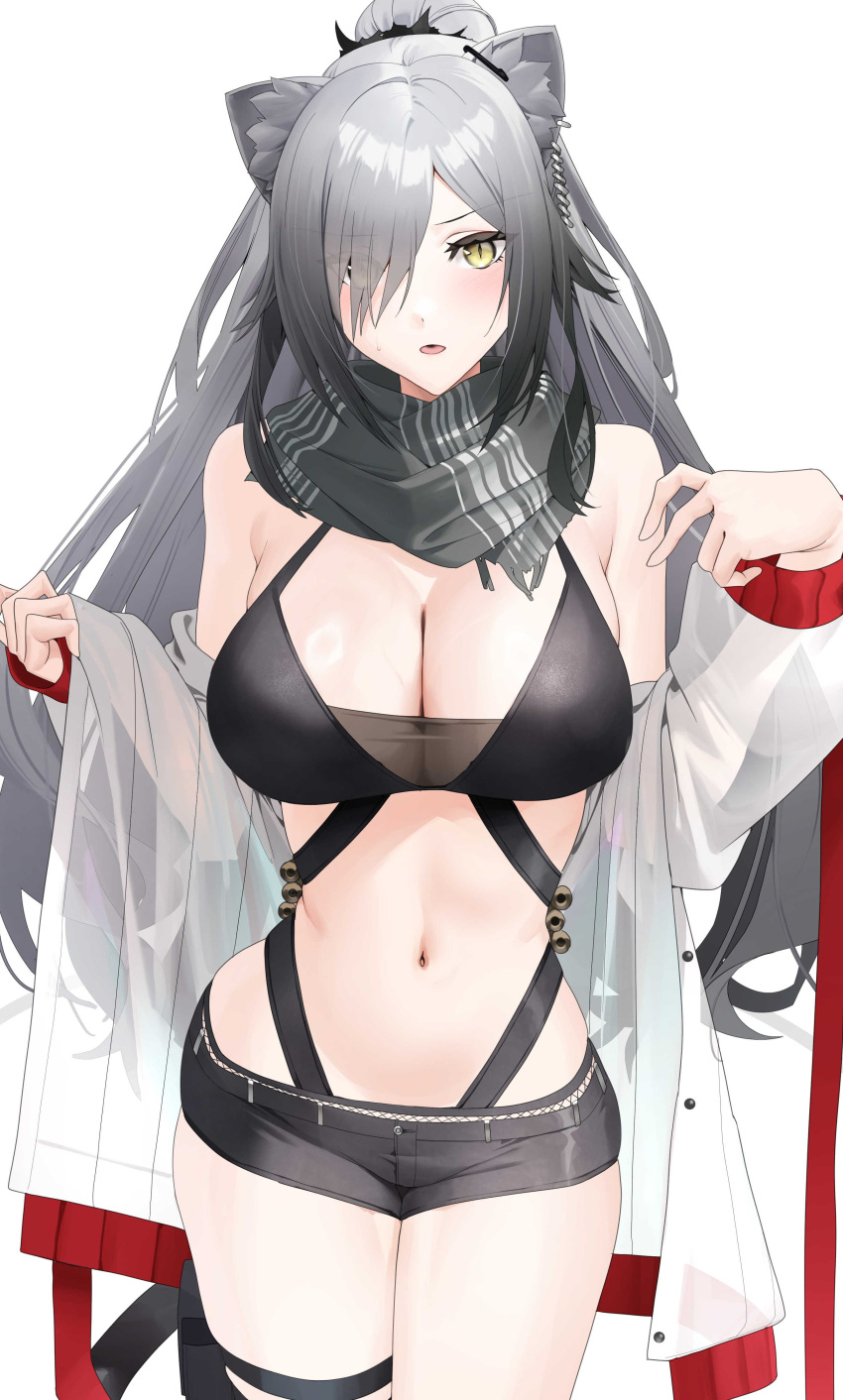 1girl :o absurdres animal_ear_fluff animal_ear_piercing animal_ears arknights black_bra black_shorts blush bra breasts cat_ears cleavage coat cowboy_shot grey_hair grey_scarf hair_over_one_eye hands_up highres large_breasts long_hair looking_at_viewer open_mouth ponytail raitho scarf schwarz_(arknights) shorts simple_background slit_pupils solo thigh_strap underwear undressing white_background white_coat yellow_eyes