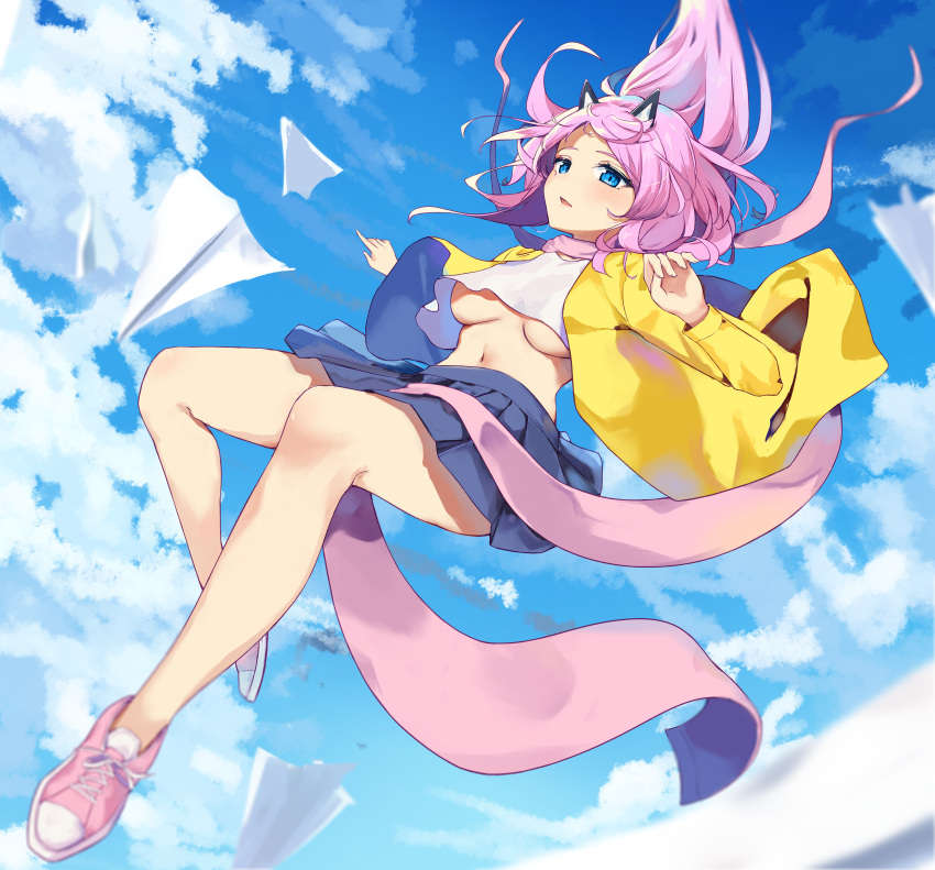 1girl absurdres animal_ears aoi_13 blue_eyes blue_skirt blue_sky blurry breasts cloud cloudy_sky commentary_request cropped_shirt day depth_of_field facing_viewer fake_animal_ears falling full_body highres jacket long_hair looking_afar midriff navel no_bra open_clothes open_jacket open_mouth original paper_airplane pink_footwear pink_hair pleated_skirt shirt shoes skirt sky solo stomach underboob white_shirt yellow_jacket