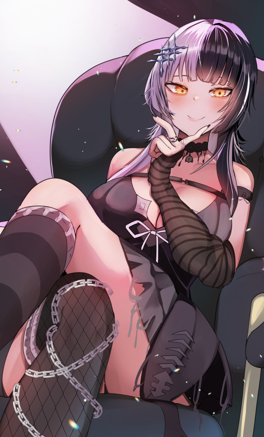 1girl absurdres black_choker black_dress black_gloves black_hair black_nails blush breasts chest_strap choker cleavage crossed_legs dress elbow_gloves elroud0050 fishnet_thighhighs fishnets gloves highres hololive hololive_english jewelry lace-trimmed_choker lace_trim large_breasts long_hair looking_at_viewer multicolored_hair nail_polish on_chair ring shiori_novella sitting smile split-color_hair striped striped_gloves striped_thighhighs thighhighs virtual_youtuber white_hair yellow_eyes