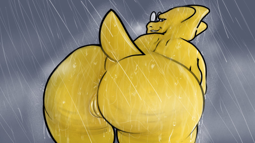 alphys anthro anus bedroom_eyes bent_over big_butt butt eyewear female genitals glasses hi_res huge_butt lizard looking_at_viewer looking_back narrowed_eyes nude plantyfern pussy raining reptile scalie seductive smile solo thick_thighs undertale_(series) wet wet_body yellow_body