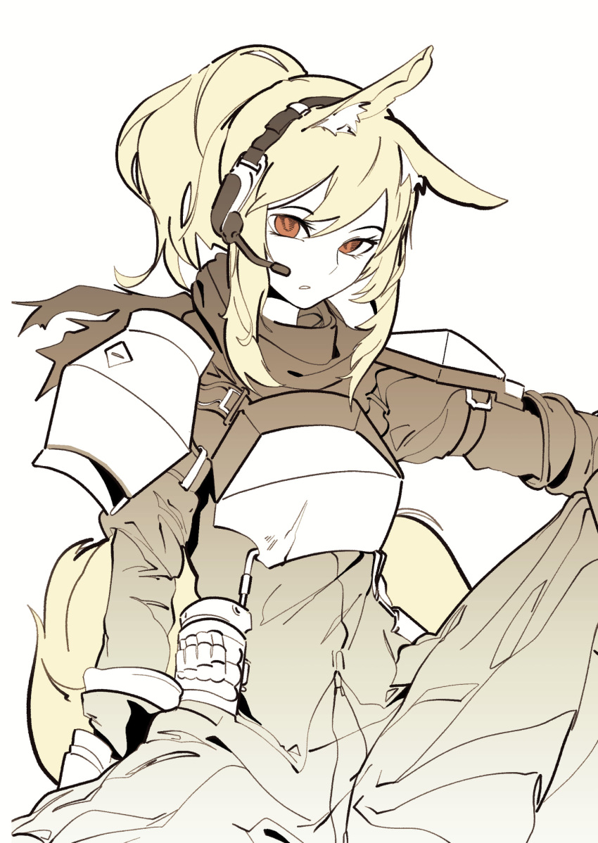 1girl animal_ear_fluff animal_ears arknights armor blonde_hair breastplate feet_out_of_frame gloves headphones highres horse_ears hu_tu long_hair long_sleeves looking_at_viewer microphone nearl_(arknights) open_mouth orange_hair pale_color ponytail shirt short_hair shoulder_armor sitting solo