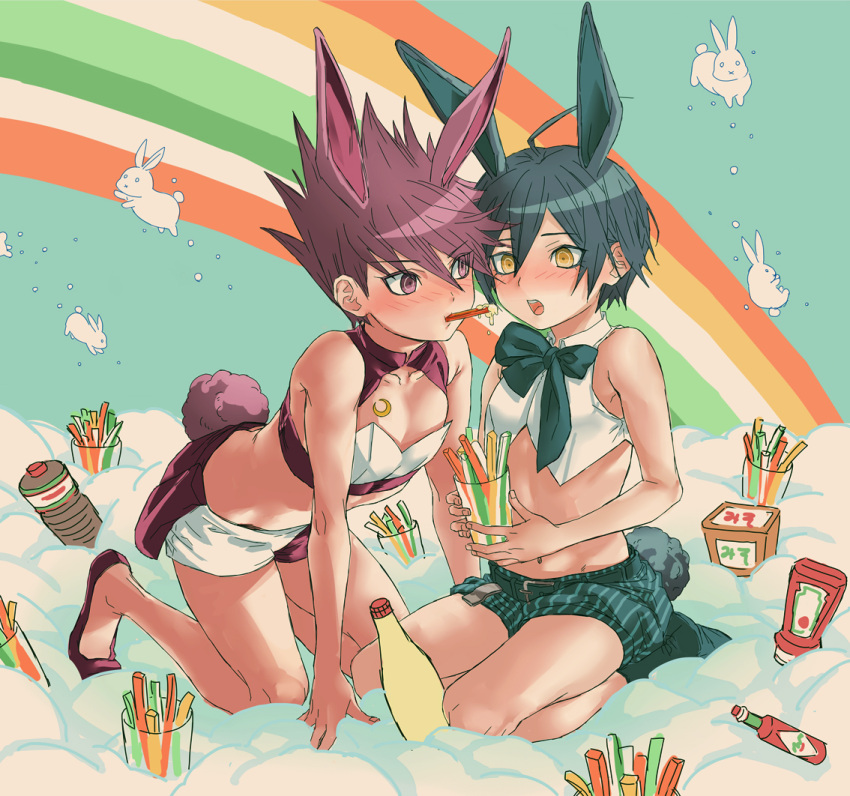 2boys aged_down alternate_costume animal_ears bare_arms bare_shoulders black_footwear black_shorts collarbone crop_top crossdressing danganronpa_(series) danganronpa_v3:_killing_harmony food french_fries ketchup_bottle kneeling looking_at_another male_focus momota_kaito multiple_boys navel ore_sensei pink_hair rabbit_boy rabbit_ears rabbit_tail rainbow saihara_shuichi shared_food shirt shorts sitting spiked_hair striped striped_shorts tail white_shirt