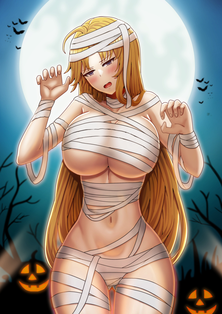 1girl absurdres bandaged_head bandages bare_shoulders bat_(animal) blonde_hair blush breasts clarisse_(fire_emblem) commission cowboy_shot fire_emblem fire_emblem:_new_mystery_of_the_emblem full_moon halloween halloween_costume highres huge_breasts long_hair looking_at_viewer moon mummy_costume naked_bandage navel night night_sky purple_eyes saikunartworks sky solo very_long_hair