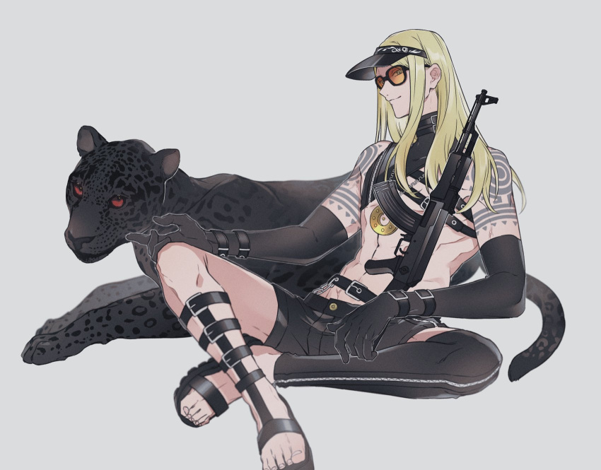 1boy arm_belt belt_buckle black_sleeves black_thighhighs blonde_hair buckle chest_belt crossed_ankles detached_sleeves fate/grand_order fate_(series) highres jaguar long_hair long_sleeves looking_at_viewer male_focus nezunomori official_alternate_costume single_thighhigh sitting smile solo sunglasses tattoo tezcatlipoca_(fate) tezcatlipoca_(summer_break)_(fate) thighhighs toned toned_male tribal_tattoo turtleneck_swimsuit underpec