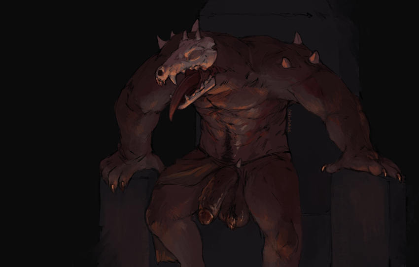 absurd_res anthro babanasaur bone bottomwear chair clothing demon displaced_clothing furniture genitals hi_res loincloth male monster muscular muscular_anthro muscular_male penis skull skull_head throne