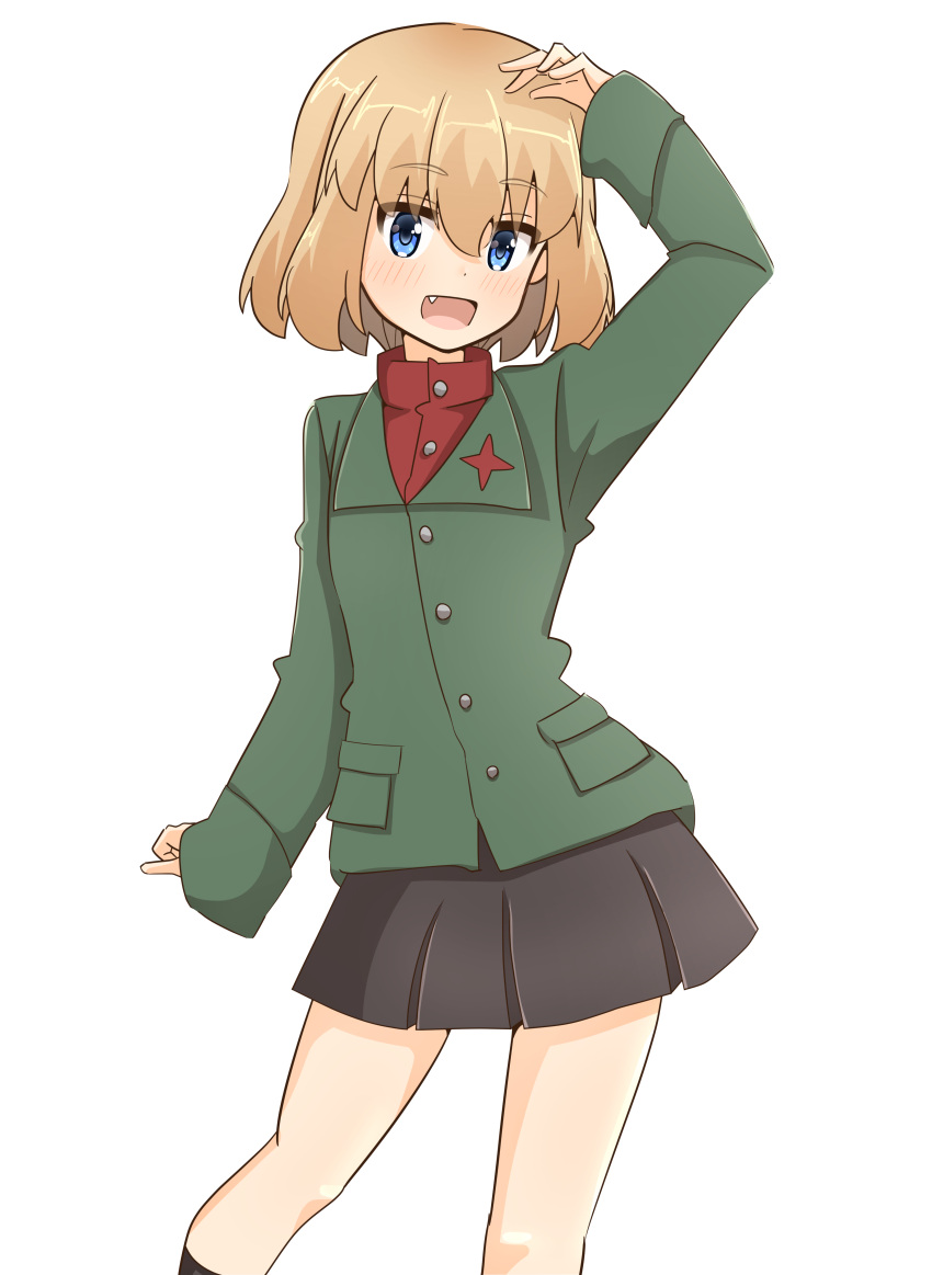 1girl absurdres arm_up black_skirt black_socks blonde_hair blue_eyes bob_cut commentary fang girls_und_panzer green_jacket highres jacket katyusha_(girls_und_panzer) long_sleeves looking_at_viewer miniskirt open_mouth pleated_skirt pravda_school_uniform red_shirt rico_(rico-tei) school_uniform shirt short_hair simple_background skirt smile socks solo standing turtleneck white_background