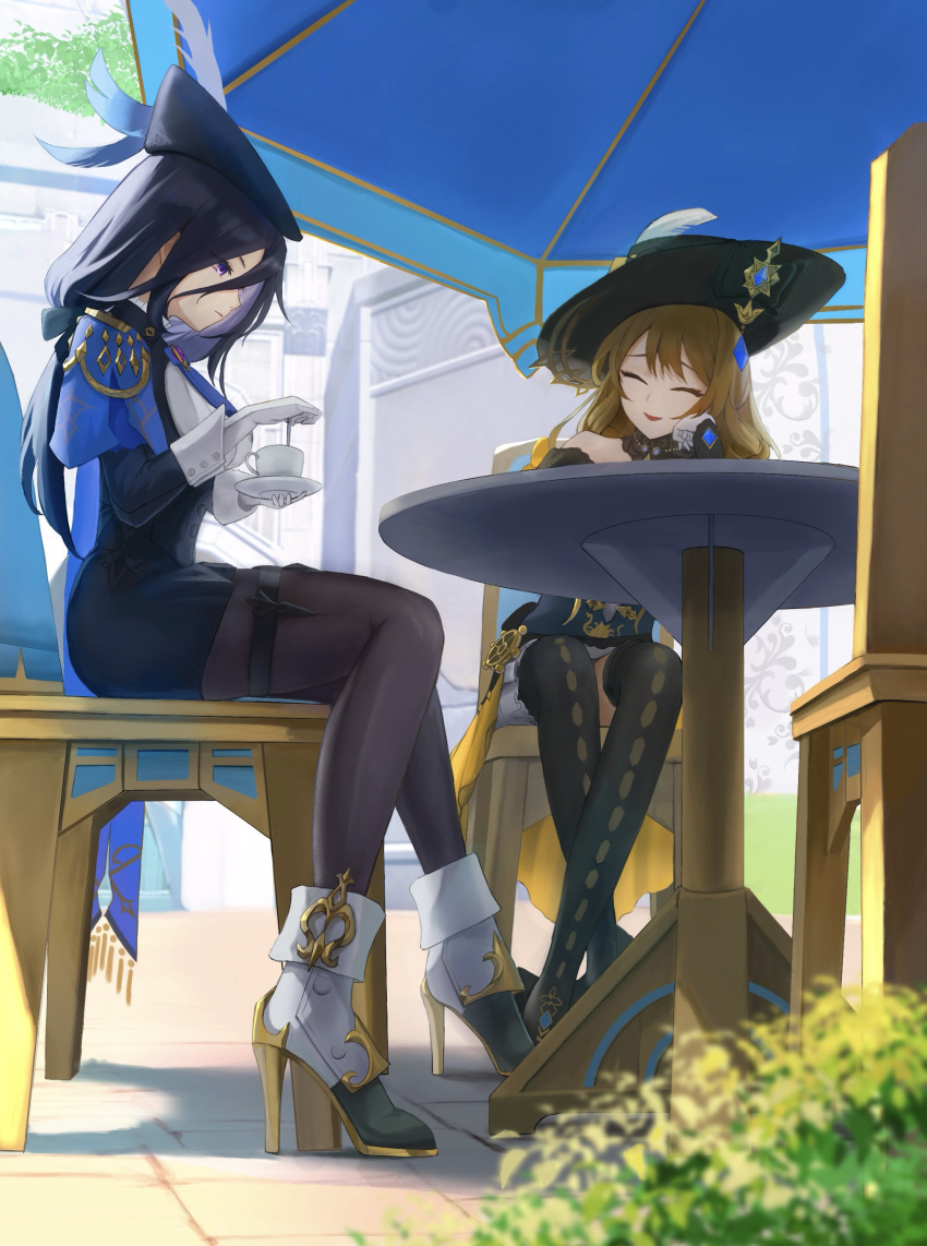 2girls absurdres ankle_boots black_bow black_corset black_headwear black_pantyhose black_skirt black_thighhighs blonde_hair blue_cape blue_hair blue_headwear blurry blurry_foreground boots bow breasts cape clorinde_(genshin_impact) closed_mouth commentary_request corset crossed_legs cup dark_blue_hair detached_collar dress elbow_gloves epaulettes fold-over_gloves framed_breasts genshin_impact gloves hair_between_eyes hair_bow haruhachiya hat hat_feather hat_ornament head_rest high-waist_skirt high_heel_boots high_heels highres holding holding_cup holding_spoon large_breasts long_hair low_ponytail multiple_girls navia_(genshin_impact) on_chair outdoors pantyhose parasol pencil_skirt purple_eyes shirt sitting skirt smile spoon strapless strapless_dress taut_clothes taut_shirt teacup thigh_strap thighhighs tricorne umbrella vision_(genshin_impact) white_footwear white_gloves white_shirt