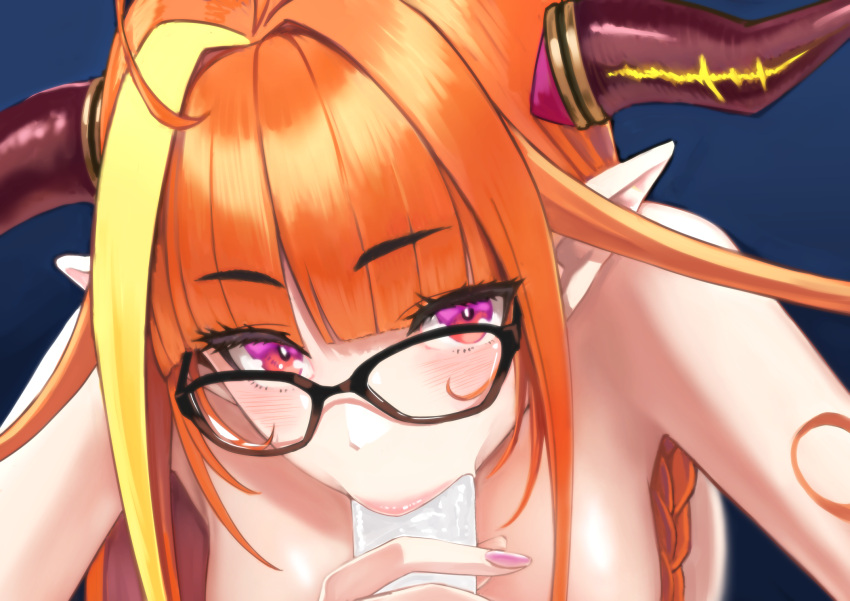 1girl ahoge dragon_horns fellatio glasses highres hololive horns kiryu_coco long_hair looking_at_viewer multicolored_hair nail_polish nude official_alternate_hairstyle oral orange_hair penis pointy_ears purple_eyes solo streaked_hair virtual_youtuber zabudog777