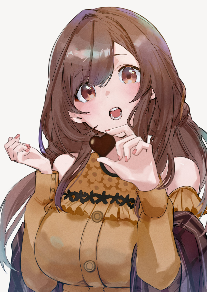 1girl absurdres bare_shoulders blush breasts brown_eyes brown_hair brown_shawl candy chocolate dress floral_print food heart heart-shaped_chocolate highres holding holding_chocolate holding_food idolmaster idolmaster_shiny_colors large_breasts long_hair long_sleeves looking_at_viewer pink_nails ryo---ta shawl solo tsukioka_kogane yellow_dress