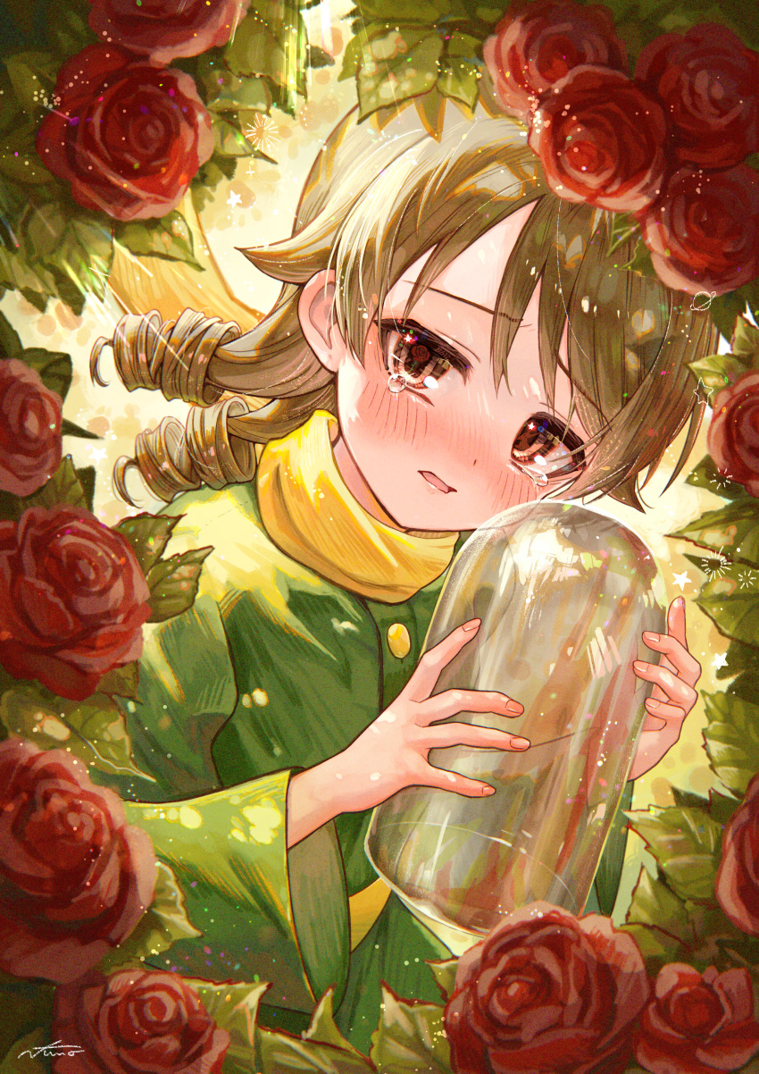 1girl absurdres blush brown_hair drill_hair flower green_shirt highres idolmaster idolmaster_cinderella_girls le_petit_prince looking_at_viewer morikubo_nono parody red_flower red_rose rose scarf shirt signature solo tears yellow_scarf yukinuno