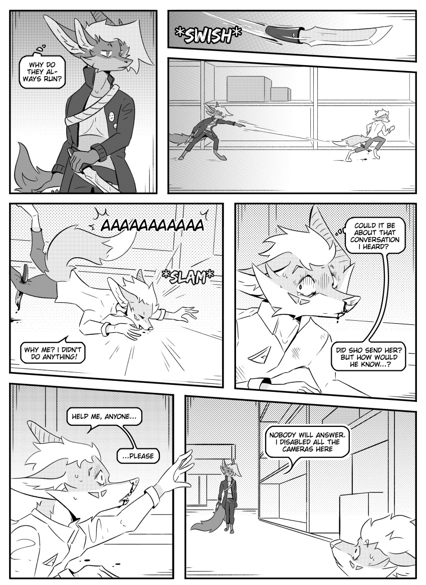 4_ears absurd_res ambiguous_gender anthro blood bodily_fluids clothed clothing comic dialogue duo falling_over gun hi_res inner_ear_fluff inside kif_yppreah kifyun2 knife mia_smith monochrome multi_ear ranged_weapon screaming simple_background speech_bubble text throwing_knife tuft warehouse weapon