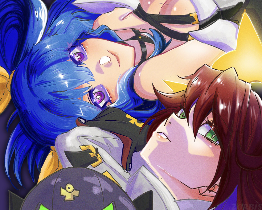2girls ankh bare_shoulders blue_hair compass_rose_halo dizzy_(guilty_gear) green_eyes grey_mask guilty_gear guilty_gear_strive hair_ribbon hair_rings halo highres jack-o'_valentine long_hair looking_at_viewer mother_and_daughter multiple_girls pumpkin_mask purple_eyes red_hair ribbon smile too_many_belts twintails yellow_ribbon zorb11s