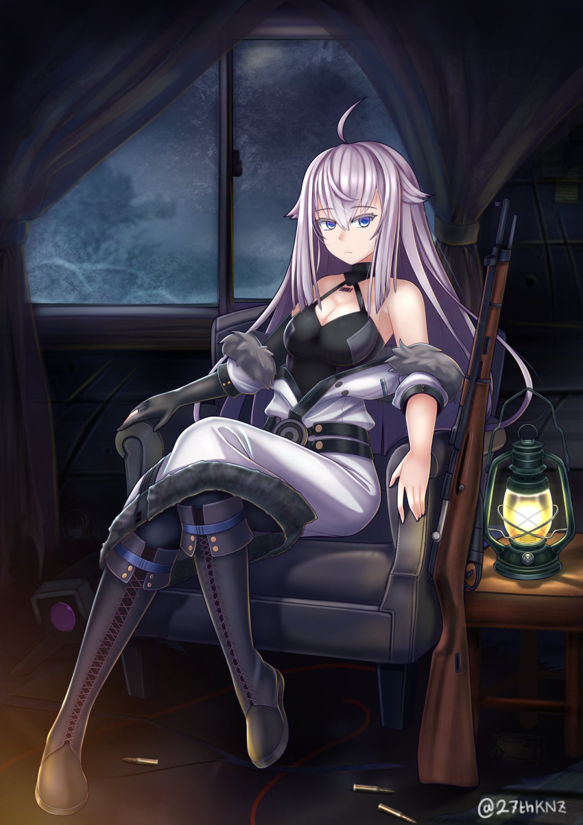 1girl ahoge armchair barcode barcode_tattoo bare_shoulders black_gloves black_leotard blue_eyes bolt_action boots breasts cartridge chair cleavage cleavage_cutout clothing_cutout coat codename:_bakery_girl curtains dinergate_(girls'_frontline) elbow_gloves frown full_body fur_trim girls'_frontline gloves gun hair_between_eyes highres indoors jefuty_(bakery_girl) knee_boots kuronekozero lantern leotard long_hair looking_at_viewer medium_hair mosin-nagant off_shoulder on_chair purple_hair rifle single_elbow_glove sitting solo tattoo twitter_username weapon white_coat window