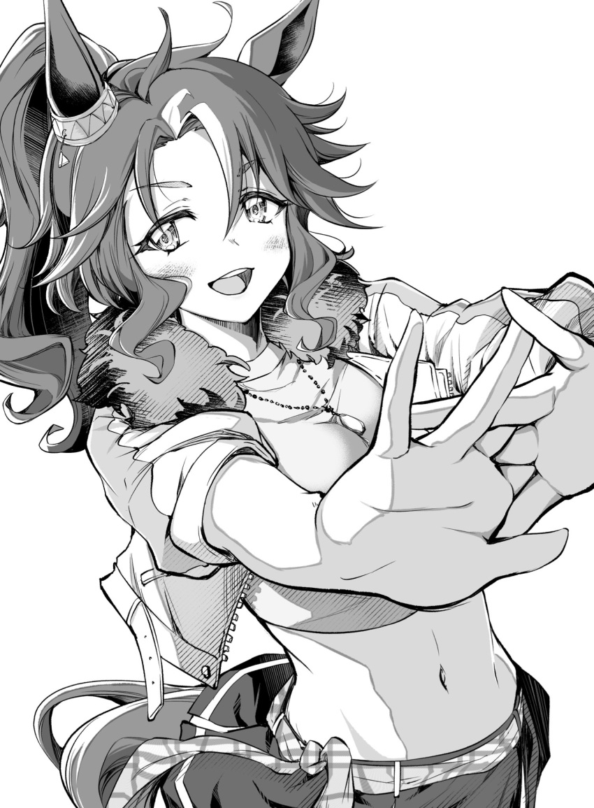 1girl animal_ears blush breasts commentary_request crop_top cropped_jacket fur-trimmed_jacket fur_trim greyscale hero_(10cl3) highres horse_ears horse_girl horse_tail jacket jewelry looking_at_viewer medium_hair mejiro_palmer_(umamusume) midriff monochrome multicolored_hair navel open_clothes open_jacket open_mouth outstretched_arms pendant ponytail short_sleeves skirt small_breasts smile solo streaked_hair stretching tail umamusume upper_body