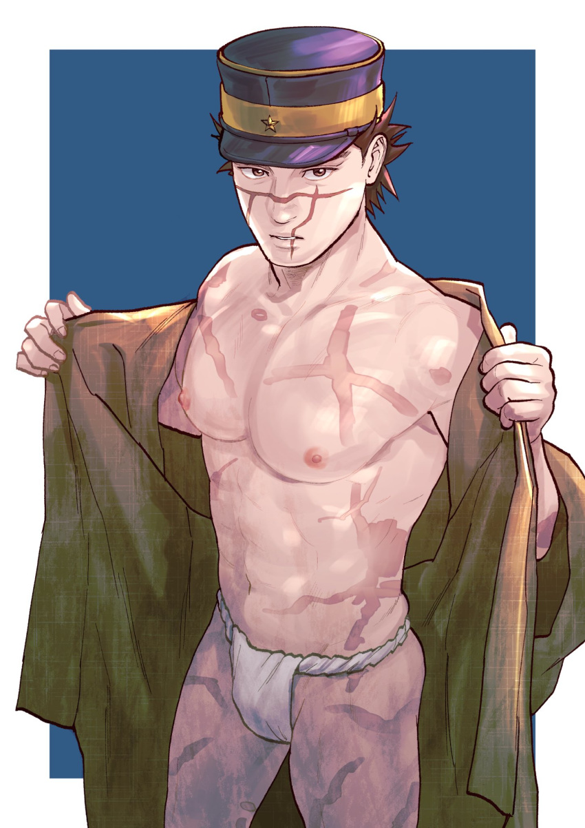 1boy abs bara black_hair brown_kimono fundoshi ganpiro golden_kamuy hat highres japanese_clothes kimono large_pectorals male_focus military_hat muscular muscular_male navel nipples open_clothes pectorals scar scar_on_cheek scar_on_chest scar_on_face scar_on_leg scar_on_mouth scar_on_nose short_hair solo sugimoto_saichi