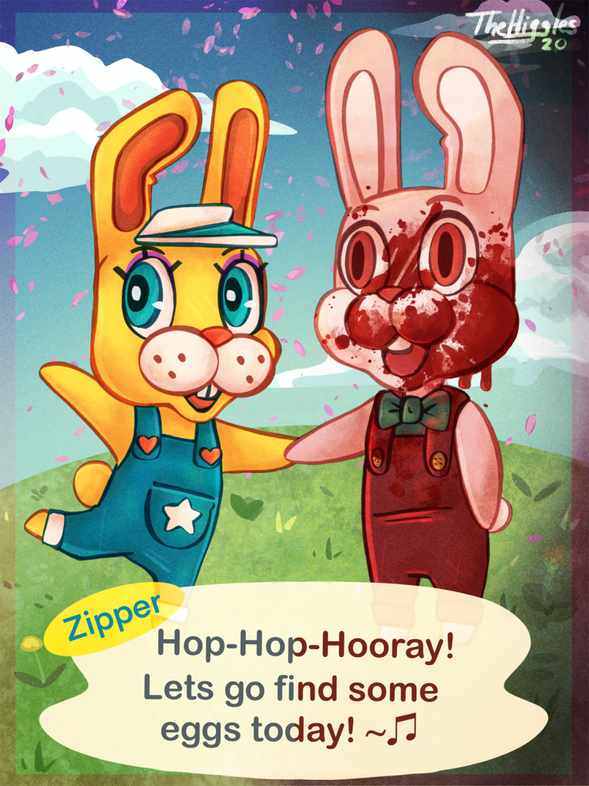 &lt;3 ambiguous_gender animal_crossing anthro blood blood_on_face bodily_fluids bow_tie buckteeth button_(fastener) clothed clothing cloud crossover digital_media_(artwork) duo english_text eyelashes eyeshadow gore grass hat headgear headwear hi_res horror_(theme) humor konami lagomorph leporid long_ears makeup mammal meadow nintendo open_mouth outside overalls pink_body plant rabbit robbie_the_rabbit_(silent_hill) scut_tail short_tail silent_hill smile speech_bubble star tail teeth text thehiggles whisker_spots yellow_body zipper_(animal_crossing)