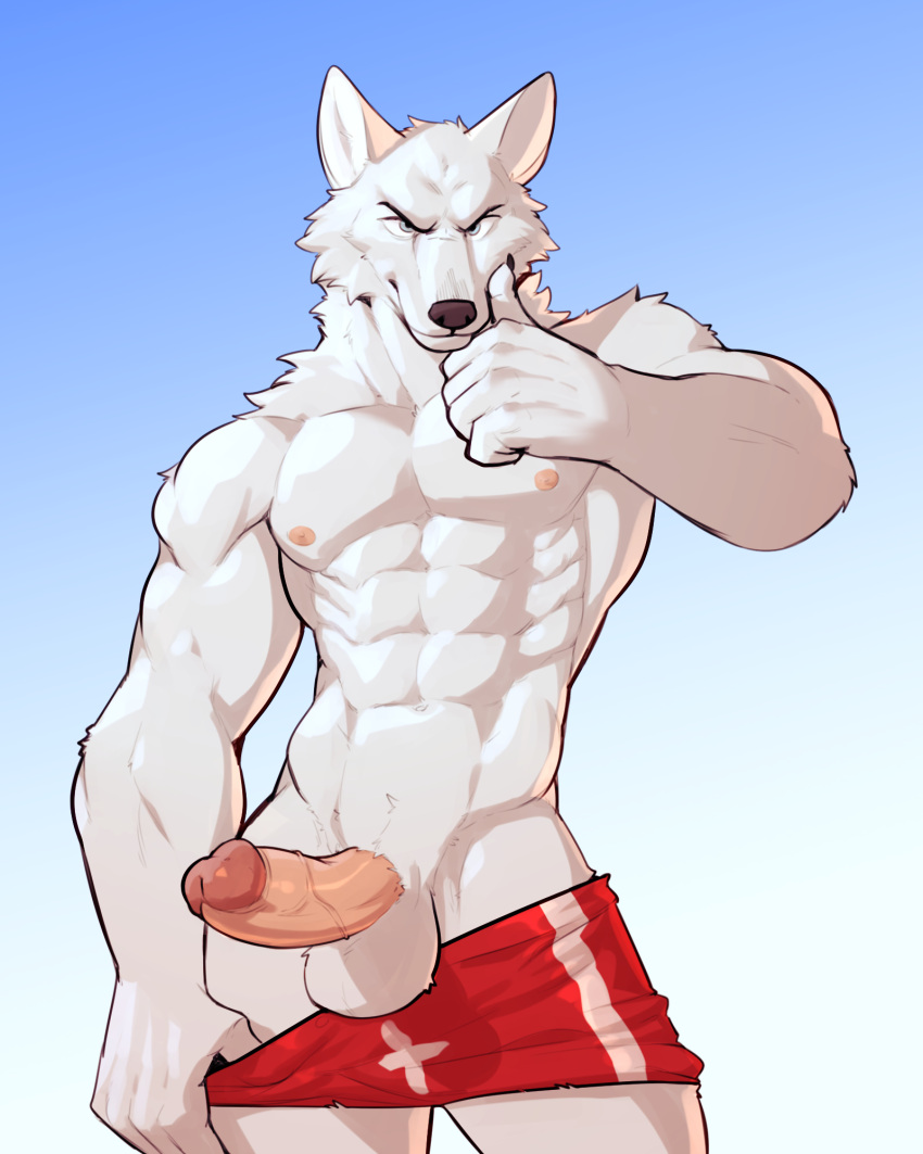2023 4:5 abs anthro balls bottomwear canid canine clothed clothing genitals hi_res jrjresq lifeguard looking_at_viewer male mammal muscular muscular_anthro muscular_male partially_clothed penis shorts shorts_down shorts_only simple_background smile smiling_at_viewer solo