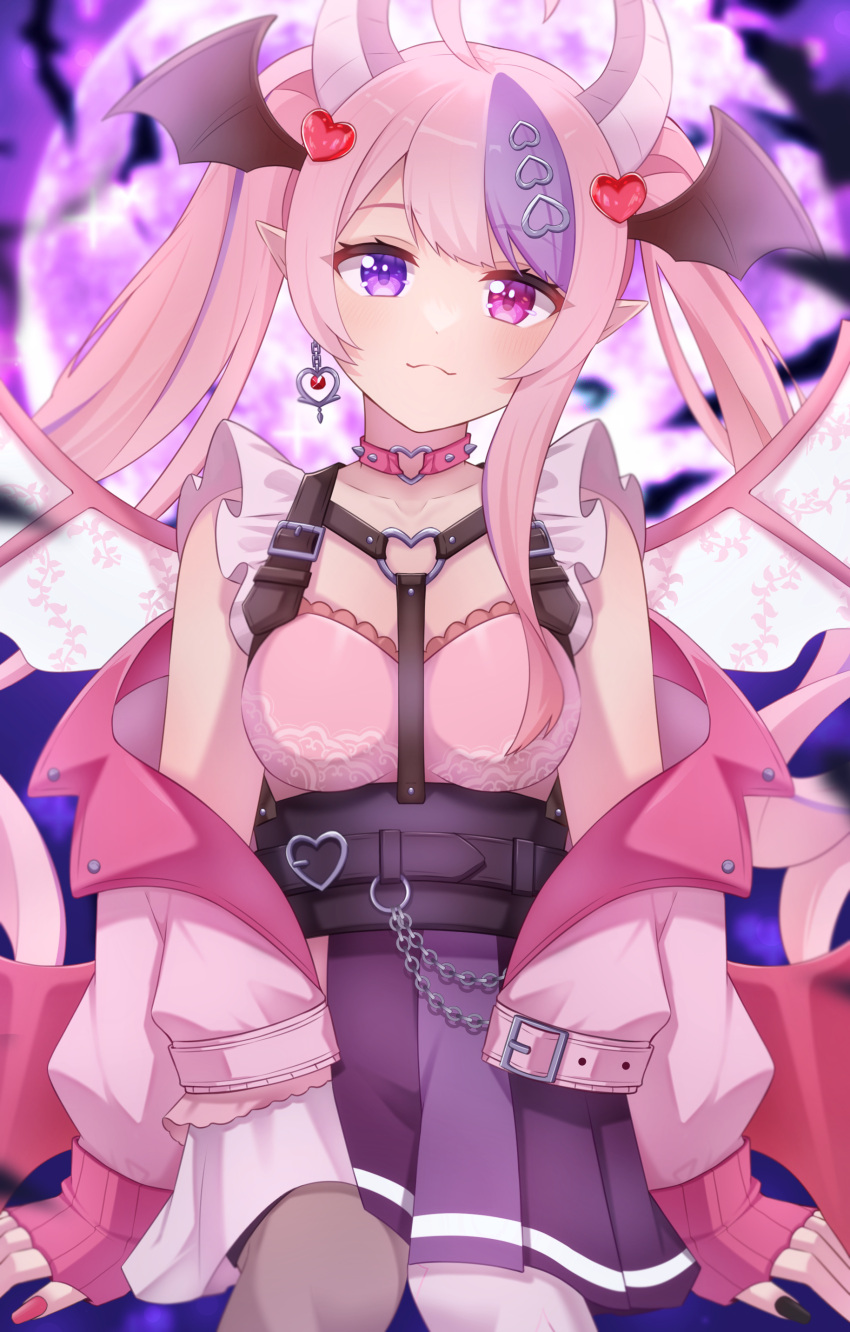 1girl :3 absurdres ahoge black_nails breasts choker cropped_jacket demon_girl demon_horns demon_wings earrings hair_ornament head_wings heart heart_ahoge heart_choker heart_earrings heart_hair_ornament heterochromia high-waist_skirt highres horns ironmouse ironmouse_(13th_costume) iyotsuki11 jacket jewelry long_hair looking_at_viewer low_wings medium_breasts multicolored_hair nail_polish o-ring o-ring_choker pink_choker pink_hair pink_jacket pink_nails pink_shirt pointy_ears purple_eyes purple_skirt red_eyes shirt single_earring skirt smile solo spiked_choker spikes streaked_hair twintails virtual_youtuber vshojo wings