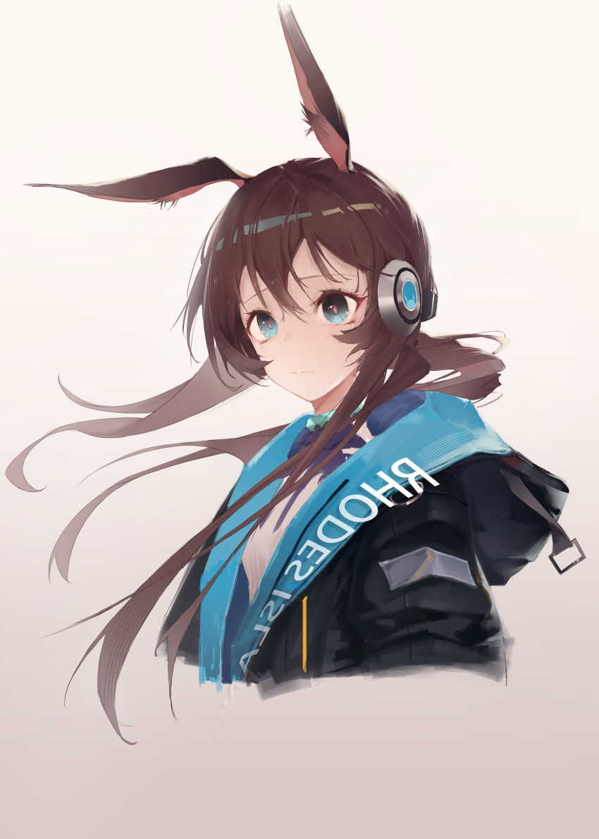 1girl absurdres amiya_(arknights) animal_ear_fluff animal_ears arknights black_jacket blue_eyes brown_background brown_hair closed_mouth commentary_request cropped_torso hair_between_eyes highres hood hood_down hooded_jacket jacket long_hair lxc open_clothes open_jacket ponytail rabbit_ears shirt solo unaligned_ears upper_body white_shirt
