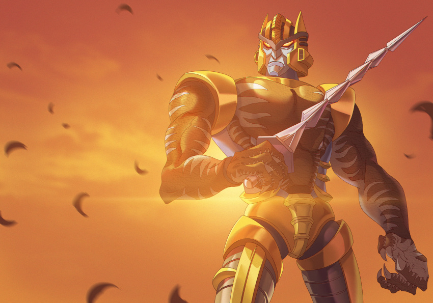 absurdres beast_wars beast_wars:_transformers claws commentary_request dinobot_(beast_wars) falling_feathers highres holding holding_sword holding_weapon innoarukugyou looking_away maximal mecha orange_sky robot sky solo standing sunset sword transformers weapon yellow_eyes