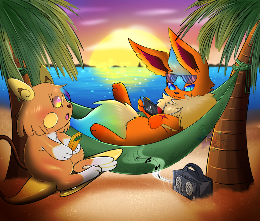 alolan_form alolan_raichu beach blue_eyes brown_nose canid canine cheek_spots detailed_background digital_media_(artwork) duo dyed_fur eeveelution eyewear fan_character feet female feral flareon fluffy fluffy_tail fur game_boy game_boy_family gaming generation_1_pokemon generation_7_pokemon hair hair_over_eye hi_res jukebox kailani_the_raichu male mammal multicolored_eyes nintendo nintendo_switch one_eye_obstructed orange_body outside palm_tree plant playing_videogame pokemon pokemon_(species) raichu regional_form_(pokemon) rodent sand scar seaside sky smile sunglasses sunset tail tan_body techno_otaku techno_the_flareon toes tree tuft