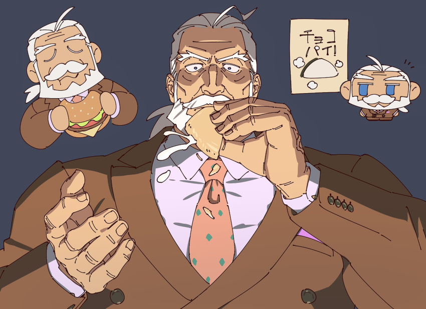 1boy bara beard blue_eyes burger business_suit chewing chibi chibi_inset closed_eyes cuff_links eating facial_hair food highres jp_(street_fighter) large_pectorals long_hair male_focus mature_male multiple_views muscular muscular_male mustache necktie pectorals ponytail sa1k0p shirt solo street_fighter street_fighter_6 suit surprised thick_eyebrows thick_mustache translation_request white_hair white_shirt