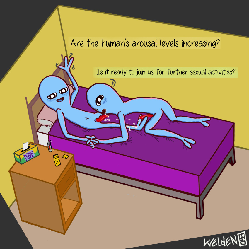 2_toes 3_fingers absurd_res after_orgasm after_sex alien alien_genitalia alien_humanoid all_fours bed bedroom bedroom_eyes bedroom_sex being_(strange_planet) black_eyes blue_blush blue_body blue_skin blush bodily_fluids cartoon_eyes condom condom_wrapper cum cum_drip cum_in_mouth cum_inside cum_on_bed cum_on_body cum_on_face cum_on_leg cum_on_penis cum_string dialogue dripping duo feet fellatio fingers flat_chested foot_fetish foot_play footjob furniture genital_fluids genitals gesture gesturing_at_viewer greeting hand_holding hi_res humanoid inviting inviting_to_sex looking_at_viewer lube_bottle lying male male/male narrowed_eyes navel on_back on_bed oral penile penis pillow plantigrade saliva saliva_string seductive sex sexual_barrier_device simple_face skinny skinny_male slim slim_male smile smiling_at_viewer speech_bubble talking_to_another talking_to_partner talking_to_viewer text text_box toes toony wave waving waving_at_viewer welden_(artist)