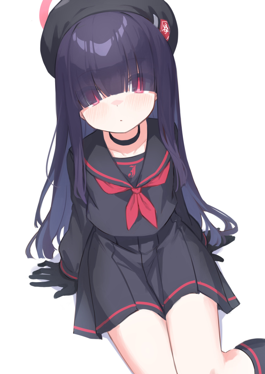 1girl absurdres beret black_hair black_headwear blue_archive blush eyes_visible_through_hair hair_over_eyes halo hat highres justice_task_force_member_(blue_archive) klaius long_hair looking_at_viewer red_eyes red_halo simple_background solo white_background