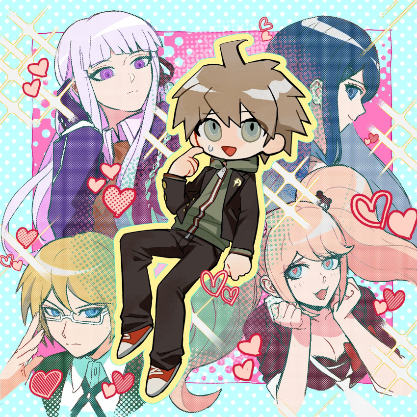 2boys 3girls :d ahoge bear_hair_ornament black_gloves black_jacket black_pants black_ribbon black_shirt blonde_hair blue_eyes bow breasts brown_hair cleavage closed_mouth collared_shirt danganronpa:_trigger_happy_havoc danganronpa_(series) enoshima_junko frown glasses gloves green_eyes green_hoodie hair_ornament hair_ribbon heart highres hood hood_down hoodie jacket jun_ye_(otakusame) kirigiri_kyoko large_breasts long_hair maizono_sayaka multiple_boys multiple_girls naegi_makoto open_clothes open_jacket open_mouth pants pink_hair profile purple_eyes red_bow red_footwear ribbon semi-rimless_eyewear shirt shoes short_hair smile togami_byakuya twintails white-framed_eyewear white_shirt