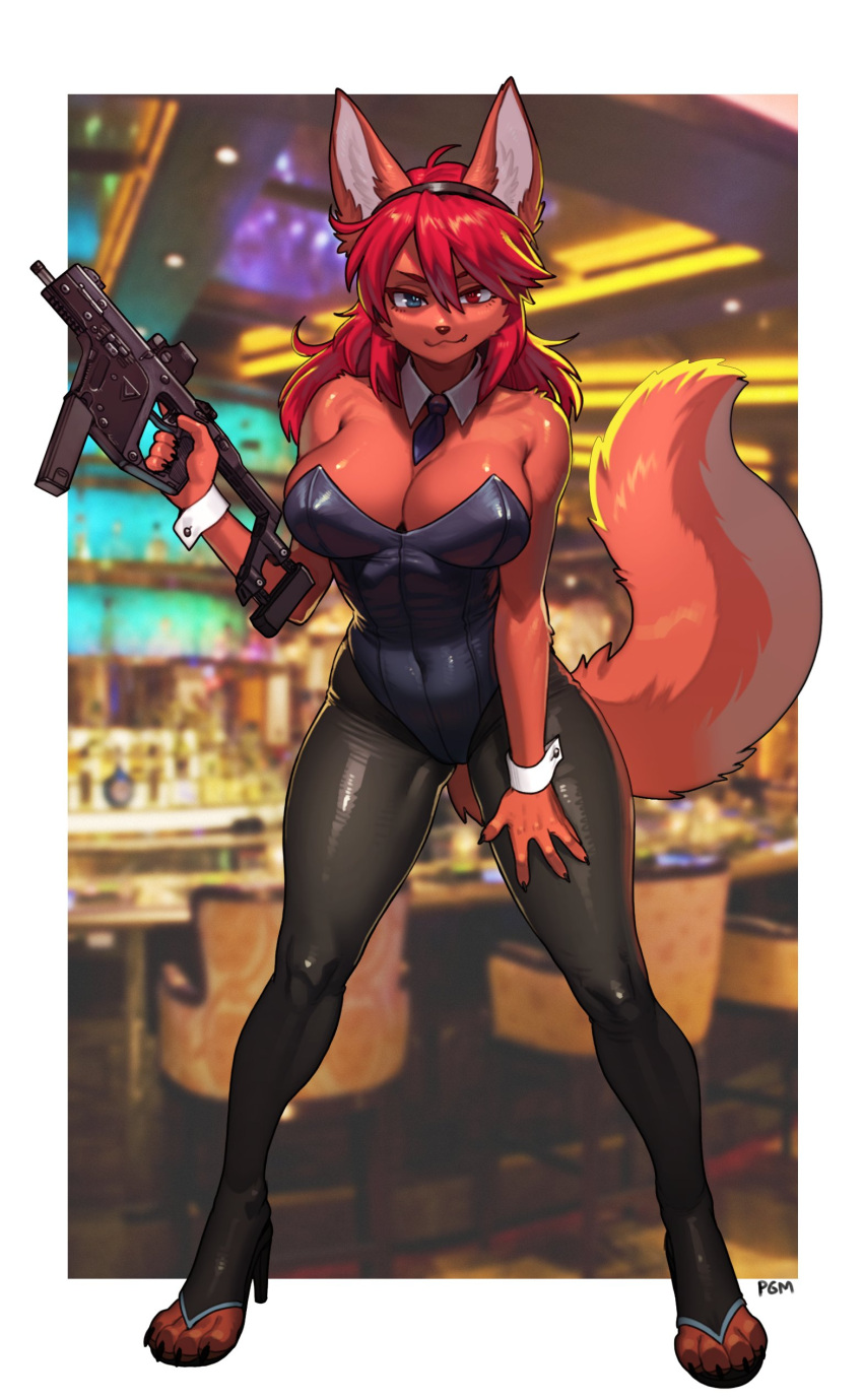 :3 absurdres animal_ears blue_eyes breasts claws cleavage covered_navel detached_collar diadem fang fox_ears fox_girl fox_tail furry gun heterochromia high_heels highres kriss_vector leotard necktie orange_fur original pantyhose pgm300 playboy_bunny red_eyes smile strapless strapless_leotard submachine_gun tail v-shaped_eyebrows weapon wing_collar wrist_cuffs