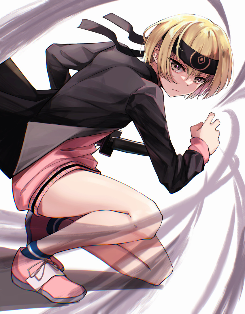 1girl absurdres blonde_hair boukensha_c caligula_(series) caligula_2 fighting_stance headband highres katana looking_at_viewer miyasako_kiriko serious short_hair solo squatting sword weapon white_background yellow_eyes