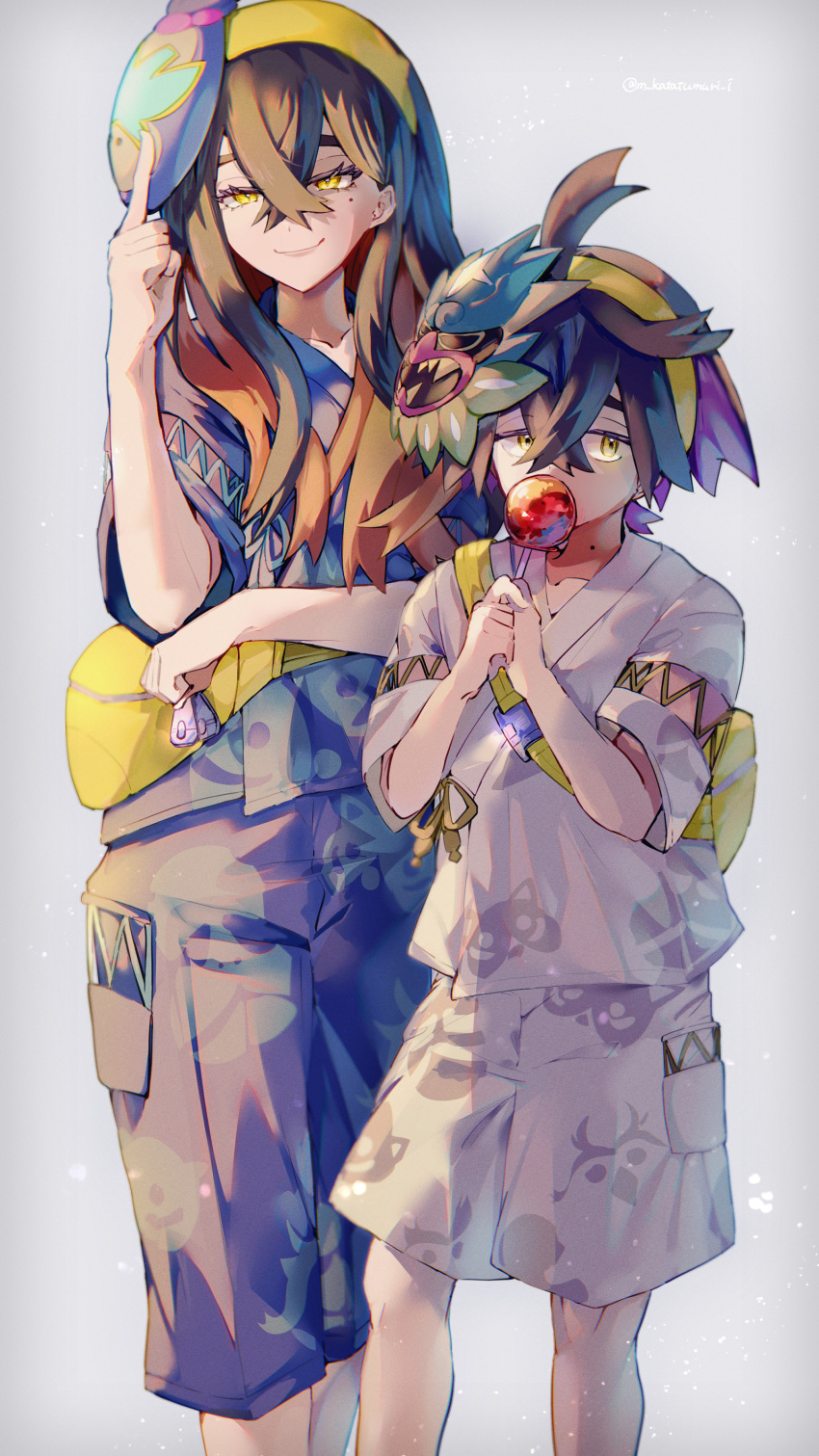 1boy 1girl absurdres ahoge backpack bag blue_shirt blue_shorts brother_and_sister candy_apple carmine_(pokemon) closed_mouth commentary_request crossed_bangs eating eyelashes fanny_pack food hair_between_eyes hairband highres holding katatsumuri_72 knees long_hair mask mask_on_head mole mole_under_eye pokemon pokemon_(game) pokemon_sv shirt short_sleeves shorts siblings smile standing suguri_(character) yellow_bag yellow_eyes yellow_hairband zipper_pull_tab