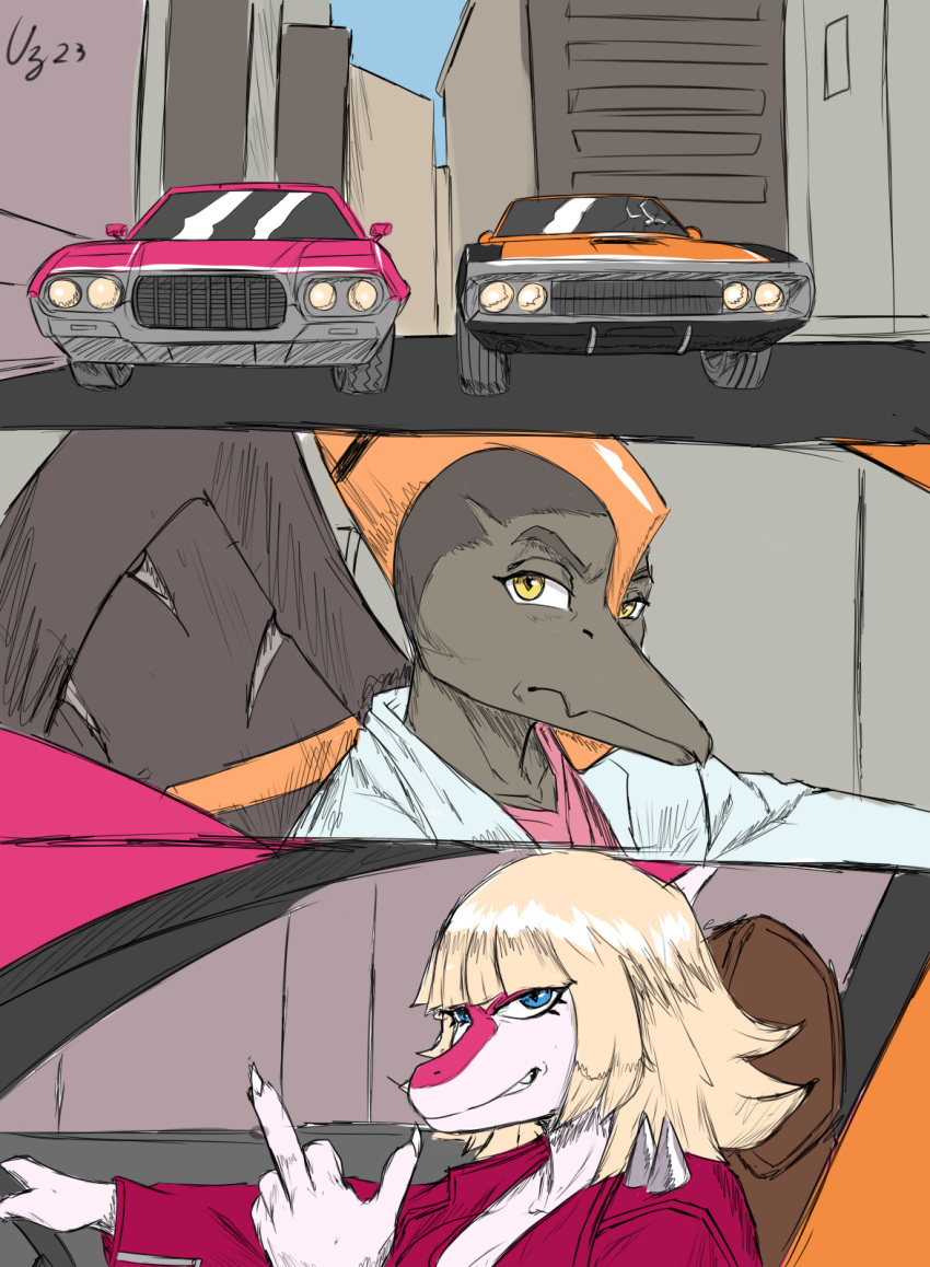 2023 anthro blonde_hair breasts car cleavage clothed clothing colored comic dinosaur dodge_(brand) dodge_charger duo female gesture goodbye_volcano_high hadrosaurid hair hi_res i_wani_hug_that_gator looking_at_another male mia_(iwhtg) middle_finger naser_(gvh) ornithischian parasaurolophus prometheuzone pterodactylus pterosaur reptile scalie snoot_game vehicle