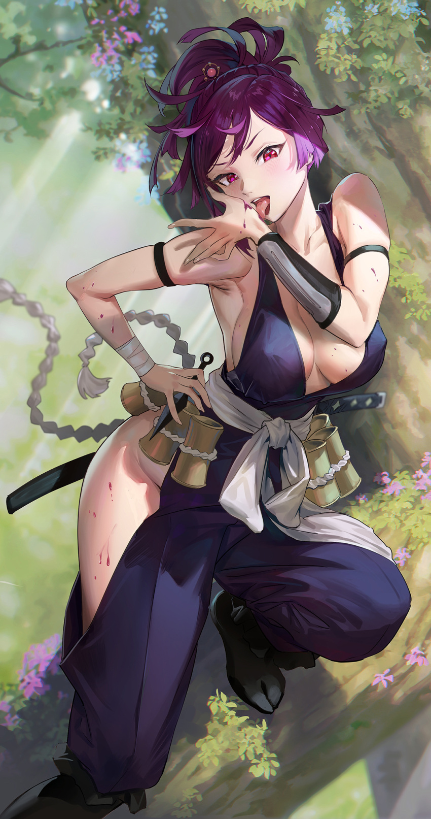 1girl arm_guards bare_shoulders blush breasts cleavage commentary highres hip_vent jigokuraku large_breasts looking_at_viewer mhk_(mechamania) ninja open_mouth ponytail purple_eyes purple_hair sash short_sword sideboob solo sword thighs tongue tongue_out tree weapon yuzuriha_(jigokuraku)