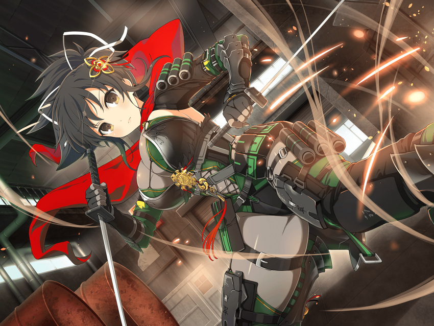 1girl armor asuka_(senran_kagura) belt belt_buckle belt_pouch black_belt black_hair blush bracer breasts brown_eyes buckle cleavage drum_(container) dual_wielding flower hair_flower hair_ornament hair_ribbon highres holding industrial_pipe japanese_armor large_breasts looking_at_viewer official_alternate_costume official_art pantyhose ponytail pouch red_scarf ribbon scarf scroll senran_kagura senran_kagura_new_link senran_kagura_shoujo-tachi_no_shin'ei solo sparks sword thigh_strap thighhighs wakizashi warehouse weapon white_ribbon window yaegashi_nan