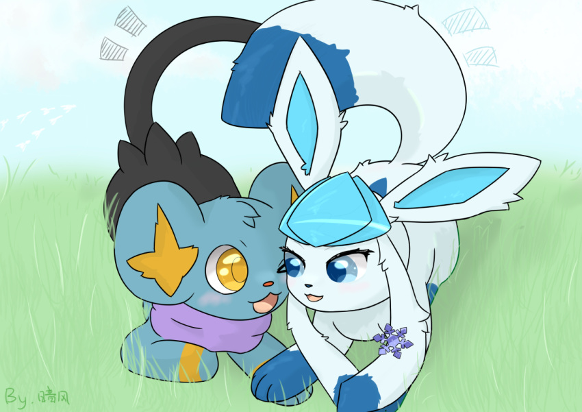 ambiguous_gender anfeng blue_eyes blush duo eeveelution feral fluffy fluffy_tail generation_4_pokemon glaceon grass ice_star_(glaceon) jayfeather233 lying nintendo on_front plant pokemon pokemon_(species) shinx simple_background sky tail yellow_eyes