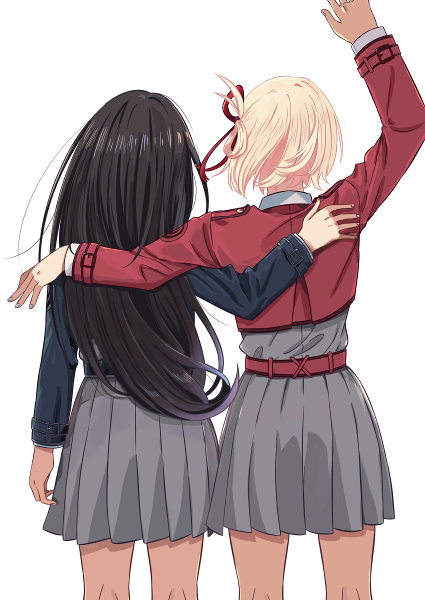 2girls absurdres arm_up black_hair blonde_hair blue_dress chai_haru commentary_request dress from_behind grey_dress hair_ribbon highres inoue_takina long_hair long_sleeves lycoris_recoil lycoris_uniform multiple_girls nishikigi_chisato red_dress red_ribbon ribbon short_hair simple_background two-tone_dress white_background yuri