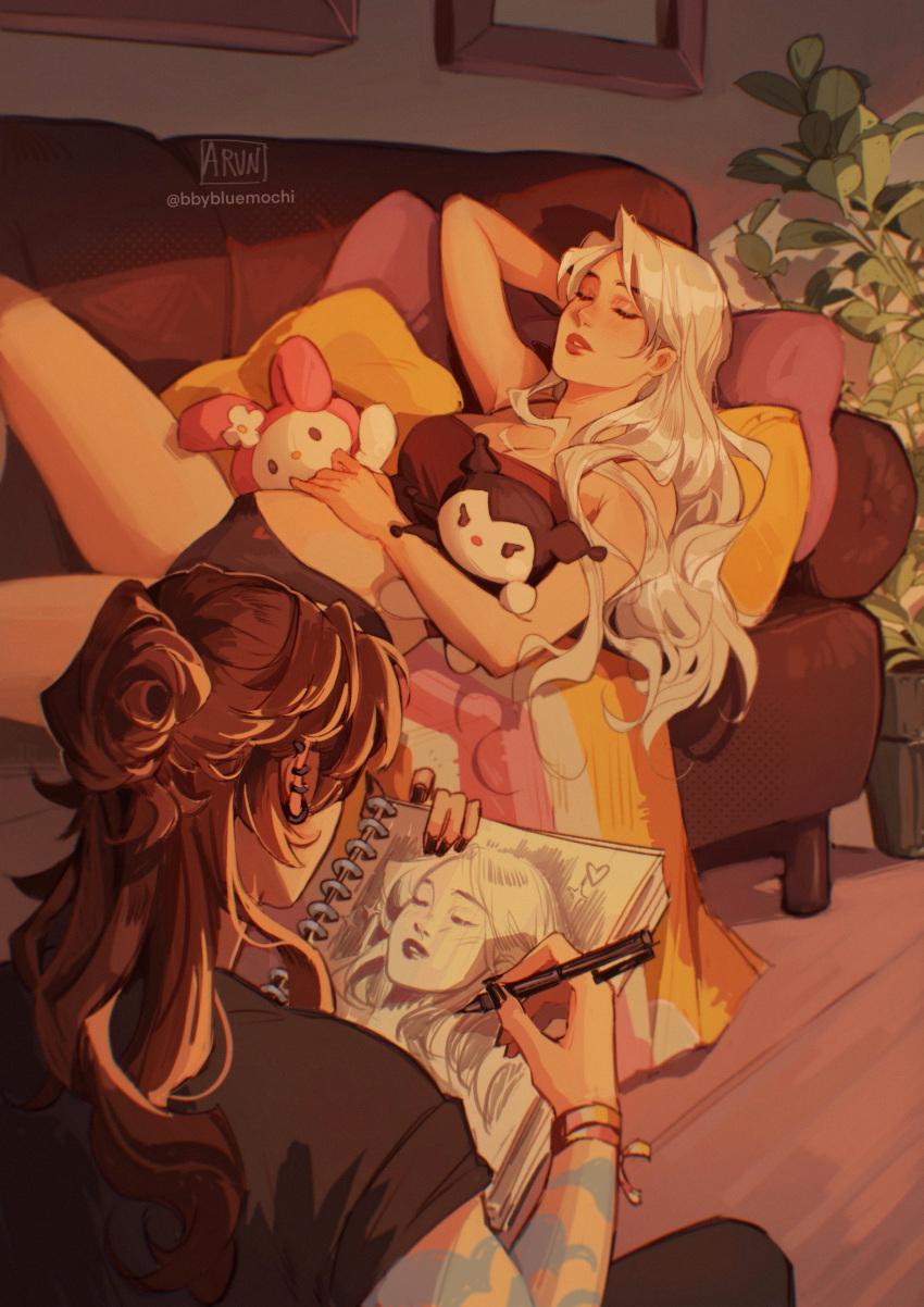 2girls absurdres bbybluemochi black_shirt breasts brown_hair couch drawing earrings heart highres jewelry lesbian_flag medium_breasts multiple_girls on_couch original picture_frame plant shirt stuffed_toy tattoo underwear white_hair yuri