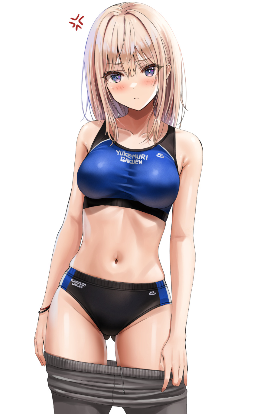 1girl anger_vein annoyed black_buruma blue_eyes blue_sports_bra breasts buruma grey_pants highres looking_at_viewer original pants solo sports_bra stomach track_and_field track_pants undressing white_background white_hair yukemuriganmo