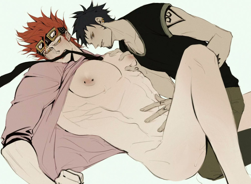 2boys abs algaebog arm_tattoo averting_eyes bara barbell_piercing bare_pectorals bottomless eustass_kid facial_hair feeling_muscles feet_out_of_frame finger_tattoo goatee goggles goggles_on_head grabbing hand_on_another's_stomach highres knee_up large_pectorals long_sideburns lying male_focus mouth_hold multiple_boys muscular muscular_male muscular_uke necktie necktie_in_mouth nipple_piercing nipples on_back one_piece pectoral_grab pectorals piercing red_hair scar scar_on_chest short_hair sideburns stomach tattoo toned toned_male trafalgar_law v-taper yaoi