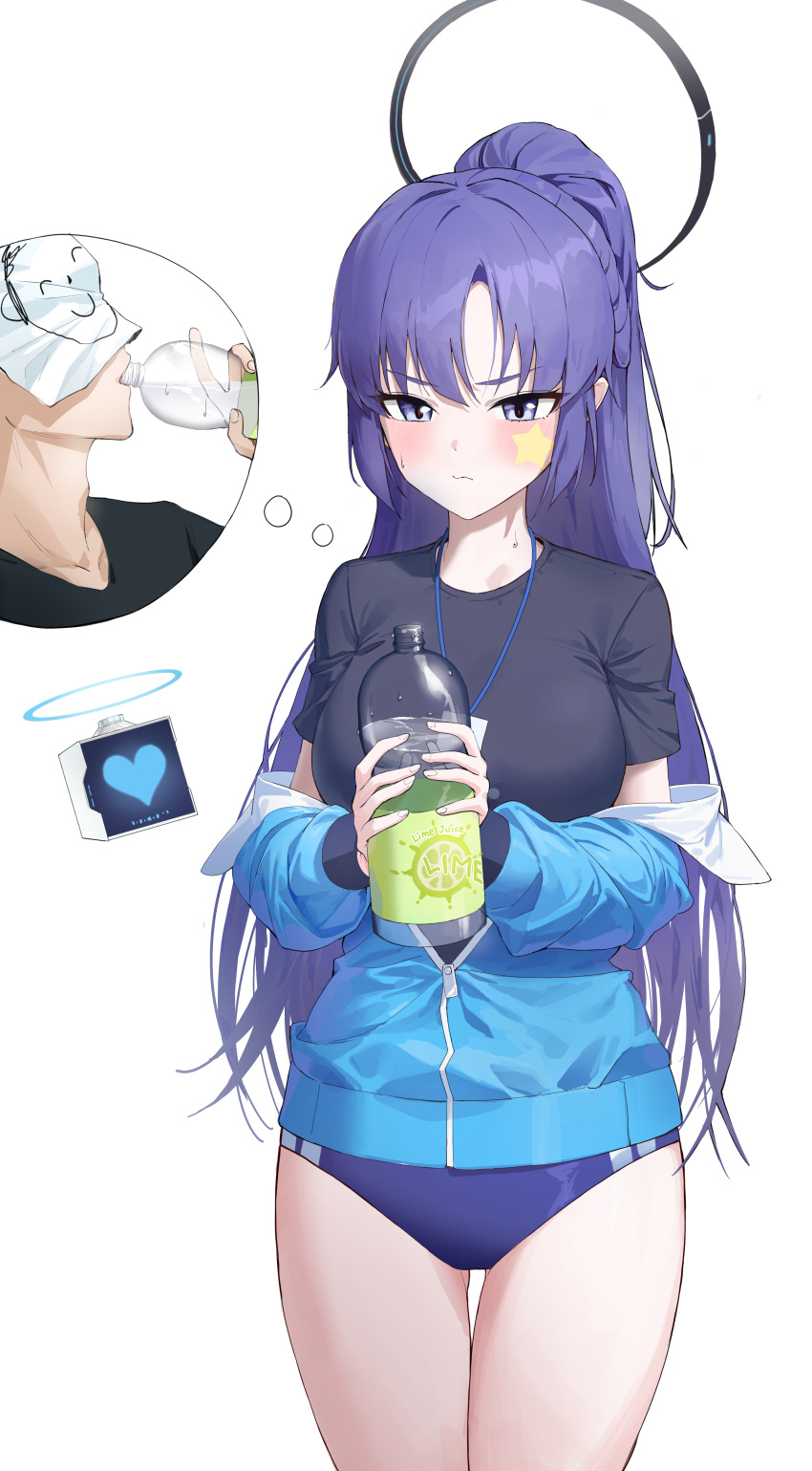 1boy 1girl absurdres arona's_sensei_doodle_(blue_archive) black_shirt blue_archive blue_jacket blush bottle breasts closed_mouth commentary_request drinking gym_shirt halo highres holding holding_bottle jacket lanyard long_hair medium_breasts plastic_bottle purple_eyes purple_hair sensei_(blue_archive) shirt short_sleeves simple_background standing star_sticker sticker_on_face thighs track_jacket uh9 white_background yuuka_(blue_archive) yuuka_(track)_(blue_archive)