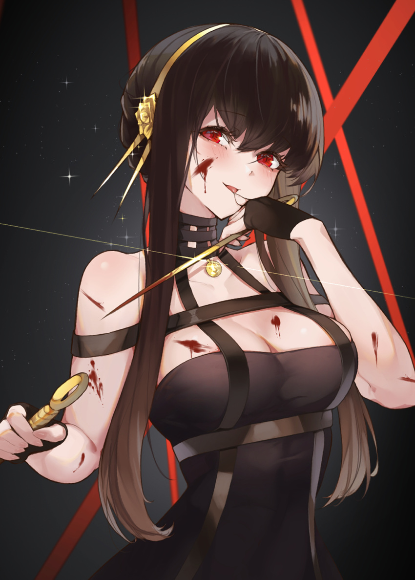 1girl bare_shoulders black_dress black_gloves black_hair blood blood_on_face blush breasts cleavage dagger dress dual_wielding fingerless_gloves gloves gold_hairband hair_ornament hairband highres holding knife large_breasts long_hair looking_at_viewer parted_lips red_eyes sidelocks smile solo sparkle spy_x_family tongue tongue_out ura_illust variant_set weapon yor_briar