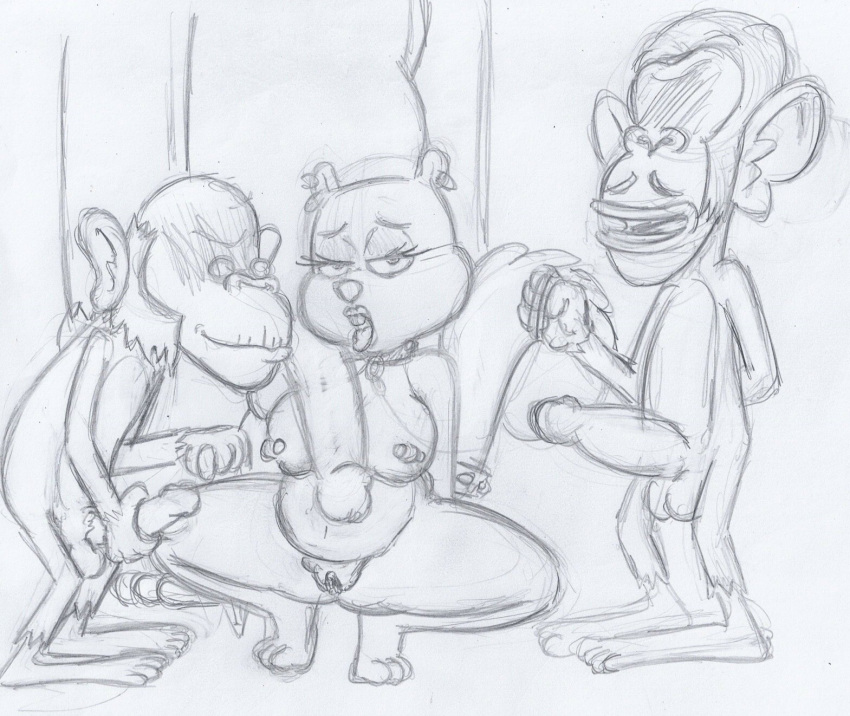 2023 anthro ape balls breasts buckteeth chimpanzee collar ear_piercing eyewear facial_hair female genitals glasses greyscale group half-closed_eyes haplorhine hi_res male mammal monochrome mustache narrowed_eyes nickelodeon nipple_piercing nipples nude pan_(genus) penis piercing primate pussy rodent sandy_cheeks sciurid sketch spongebob_squarepants takeshi1000 teeth tongue tongue_out tree_squirrel